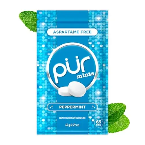 PUR Peppermint Xylitol Mints in a resealable silver pouch