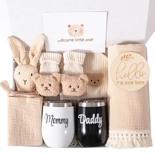 ELEMENU New Mom Gift Basket featuring a soft swaddle blanket, bunny lovey, bear hat, and stainless steel Mommy & Daddy tumblers in a neutral gift box.