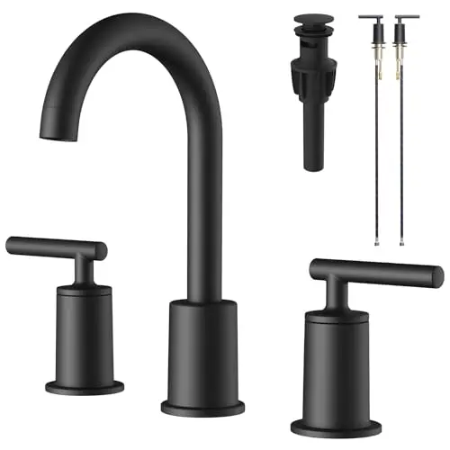 VXV Matte Black bathroom faucet with gooseneck spout on a sink