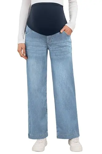 OUGES Women's Wide Leg Maternity Jeans in light blue, featuring a high waist and straight, wide leg suitable for work.