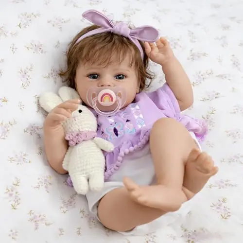 SCOM 20-inch realistic reborn baby doll girl Quinbee with soft weighted body and purple outfit