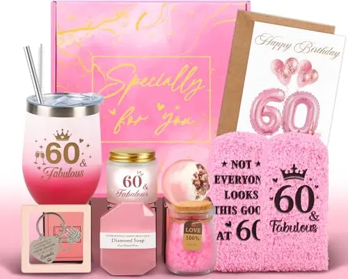 GIFTOTA 60th birthday self-care gift basket with tumbler, bath salts, and candle