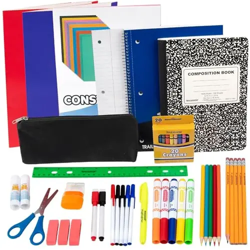 A.D. Sutton school supplies kit with pencil case, notebooks, crayons, and safety-tested tools
