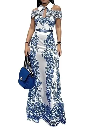 UOOZEE women's cold shoulder maxi dress in blue
