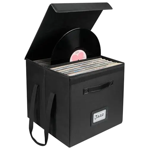 Black collapsible fabric storage box for vinyl records with a lid, side handles, and a front label window.