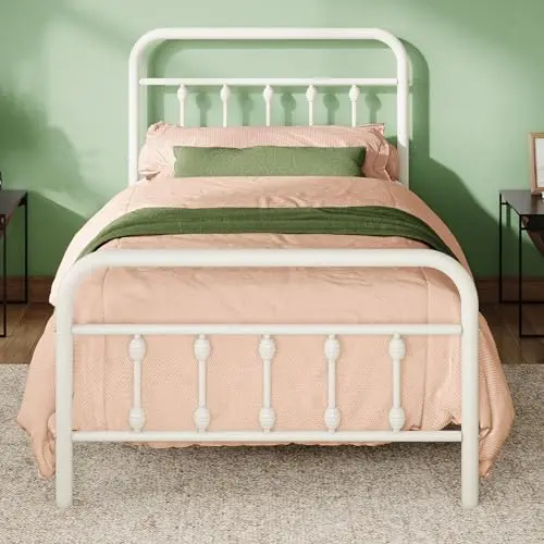Allewie white Victorian style twin metal bed frame with ornate headboard and footboard