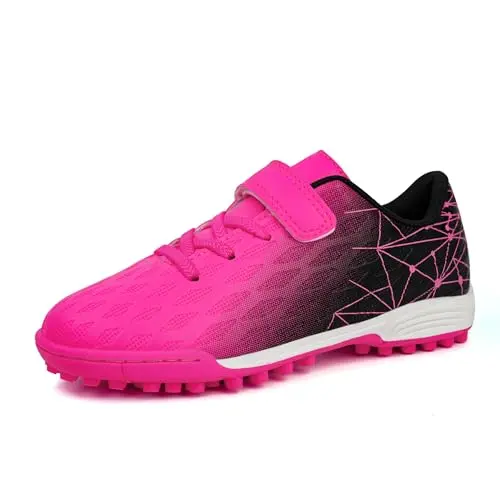 brooman kids indoor soccer shoes with hook and loop closure in fuchsia and black