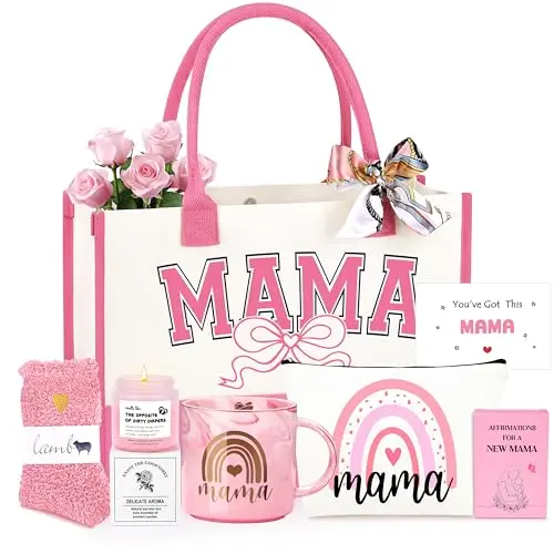 JSTUMB New Mom Gift Basket with MAMA tote bag, mug, makeup bag, candle, socks, and cards.