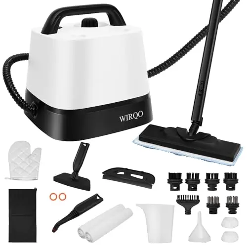 WIRQO white canister steam cleaner with large tank and multiple brushes