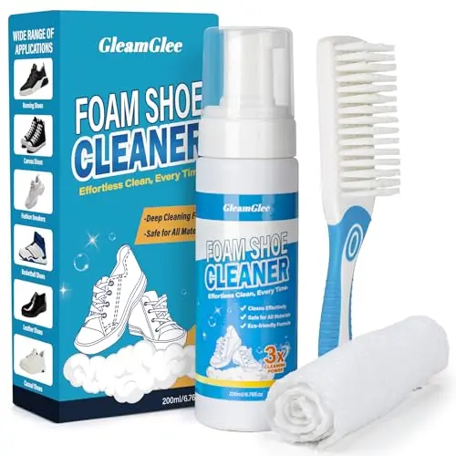 GleamGlee shoe cleaner kit with foam bottle, brush, and cloth