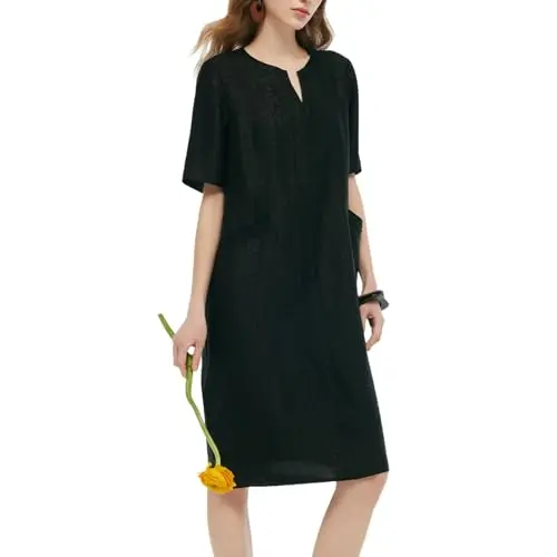 Goelia women's 18MM Xiang Yun Silk midi dress with pockets, loose fit, short sleeves