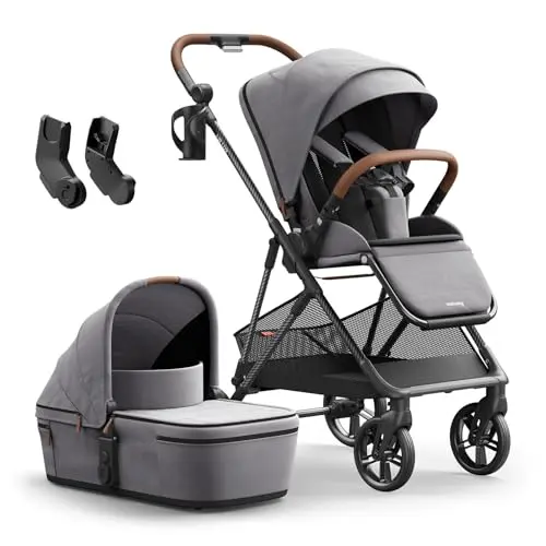 MAMAZING Air Lux full-size stroller in grey with a bassinet attachment