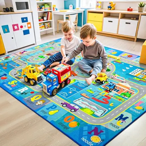 Chicrug large blue car road area rug with alphabet letters integrated into the city design
