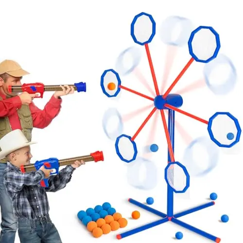 Shooting game set with two toy guns, bullets, and a rotating target