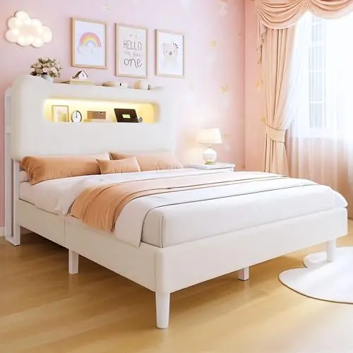 DWVO cream boucle fabric upholstered twin bed frame with arched headboard and LED lighting