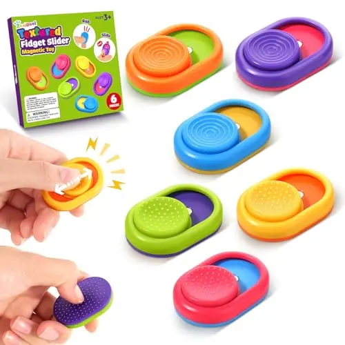 Small, colorful magnetic slider fidget toys with textured surfaces.