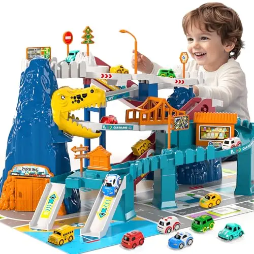 MSKOLER dinosaur-themed race car track play set with ramps and small cars