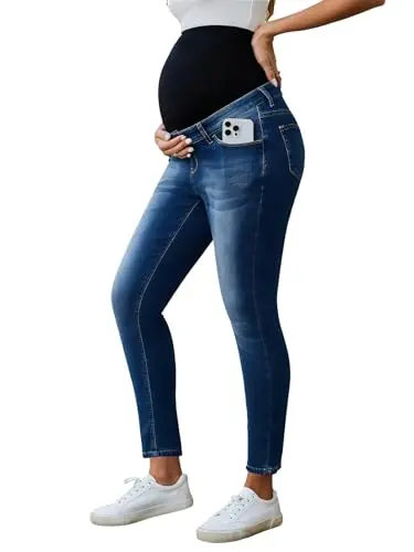 Ecavus Maternity Skinny Jeans showing the slim fit and over-the-belly support band, available in regular and long lengths.