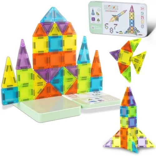 Mini multicolored magnetic building tiles stored in a compact metal box