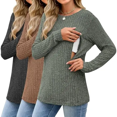 Sweetyweee 3-pack of ribbed nursing sweaters with hidden zippers in black, coffee, and army green