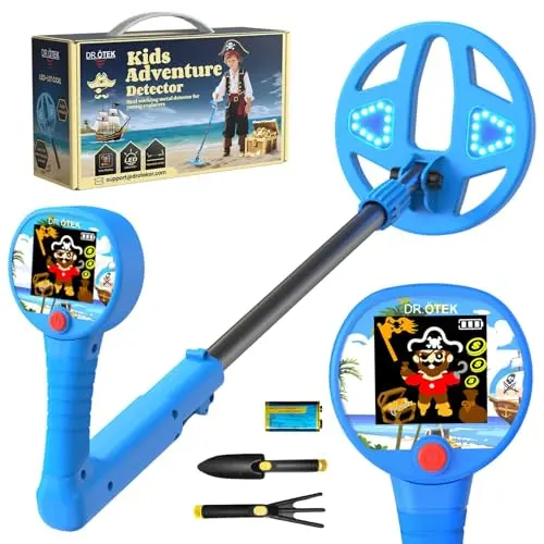 DR.OTEK kids metal detector with colorful LCD screen and LED-lit blue search coil