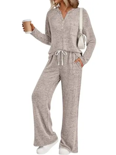 LILLUSORY women's two-piece lounge set in khaki, perfect for cooler weather travel
