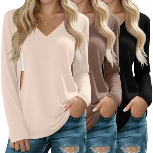 Huukeay 3-pack of long sleeve nursing tops with hidden zippers in black, khaki, and cream
