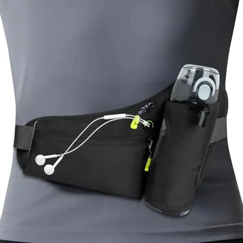 Basic black running belt with a side bottle sleeve and reflective trim