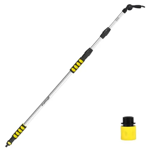 POOPLE 12-foot telescoping aluminum gutter cleaning wand with rotating spray head attached to a garden hose.
