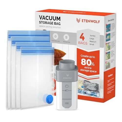 ETENWOLF vacuum storage bags set with rechargeable cordless pump and multiple sized bags