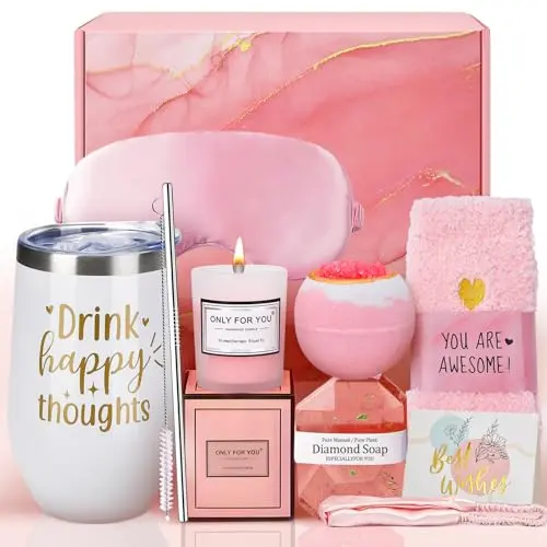 Moreizon rose-themed gift basket with tumbler, candle, silk accessories, and bath products