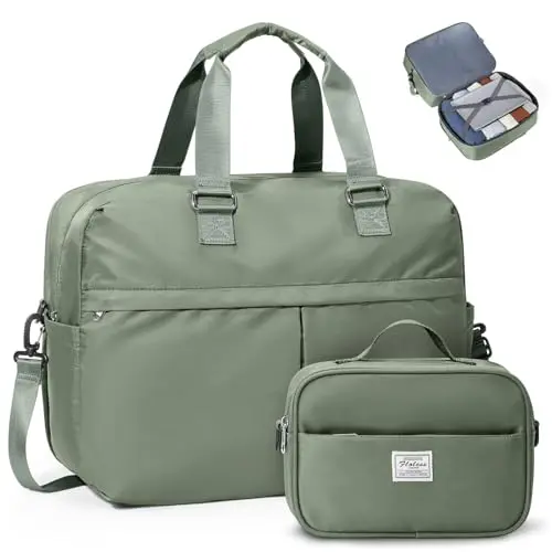 Expandable olive green travel duffle bag with toiletry bag included