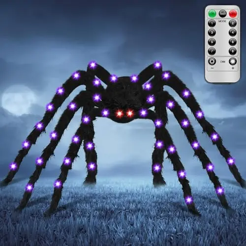 VITI giant purple light-up spider decoration with red eyes in a yard