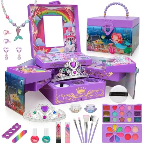 Mermaid-themed kids makeup toy set with crown and jewelry in a case