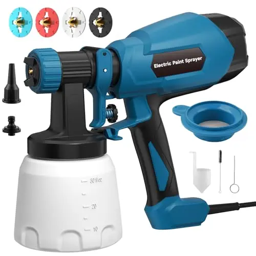 WIBENTL blue HVLP electric paint sprayer gun with container and accessories.