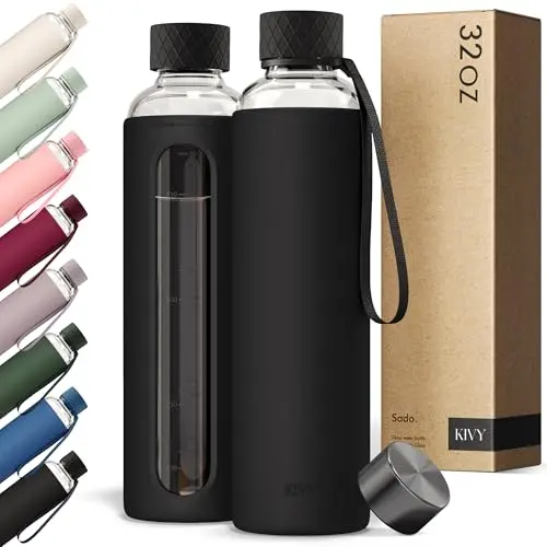 KIVY 32oz glass water bottle with black silicone sleeve