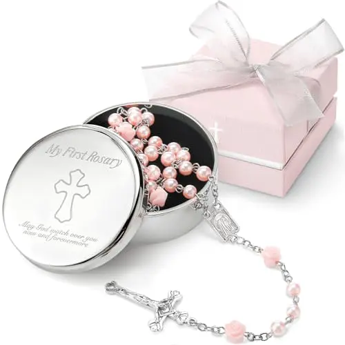Pink 'My First Rosary' set for baby girls with pearl-like beads and a silver keepsake box in a gift package.