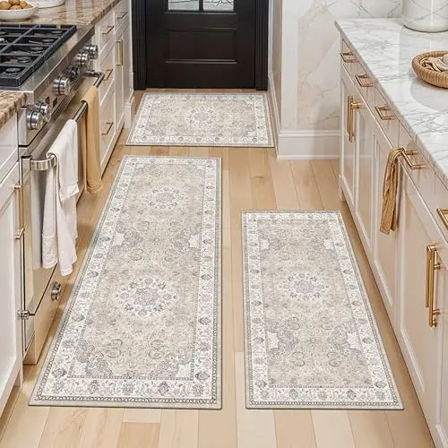 Boho style washable kitchen rug set of three pieces laid on a hardwood floor