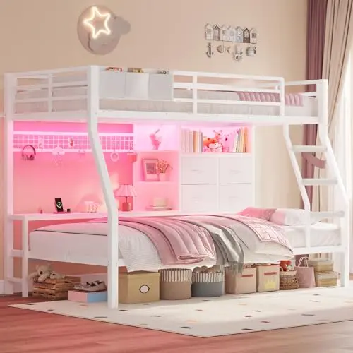 BTHFST white metal twin bunk bed with multiple fabric drawers, shelves, and LED light strips.