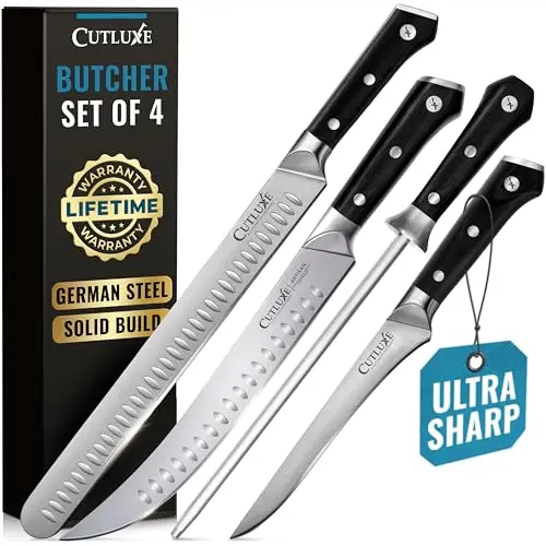 Cutluxe Butcher Knife Set with brisket, breaking, boning knives, and honing rod