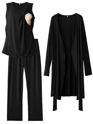 RNXRBB 3-piece nursing pajama set including a robe, tank top, and long pants, shown in black.