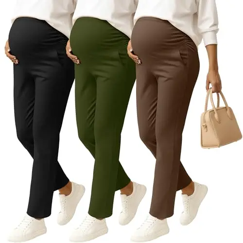 Sweetyweee 3-pack of women's maternity pants in army green, coffee, and black.