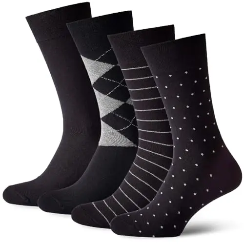 Duna black cotton crew socks in a four-pack with seamless toe and reinforced construction for men sizes 10-13.