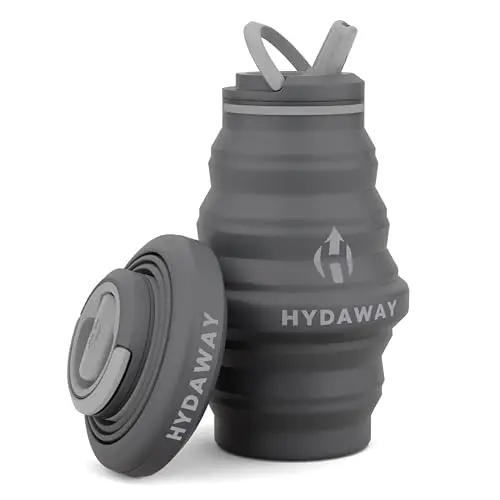 HYDAWAY collapsible water bottle in basalt color, shown folded flat