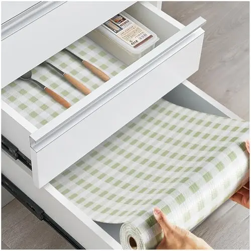 ALIUNI sage green plaid patterned non-slip PVC shelf liner roll