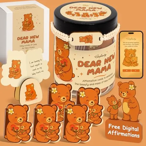 Stofinity New Mom Affirmation Cards in a cute mama bear jar with a wooden stand.