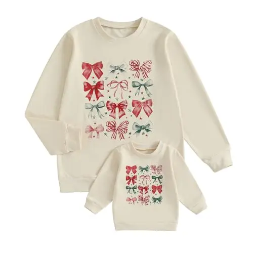 Fernvia mommy and me matching Christmas crewneck sweatshirt with marry embroidery