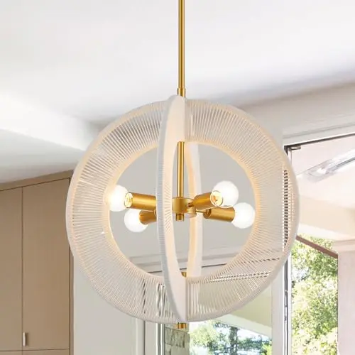 MhyTogn hand-woven white rattan boho pendant light with brass frame