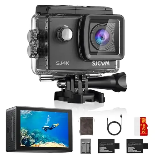 SJCAM SJ4000 action camera with waterproof case and accessory mounts laid out