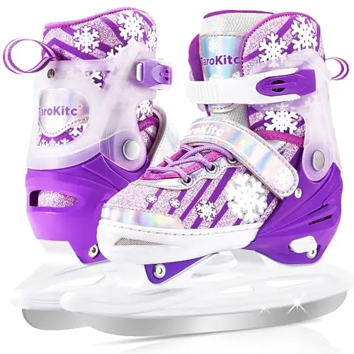 TaroKitc adjustable girls ice skates in pink with safety buckles